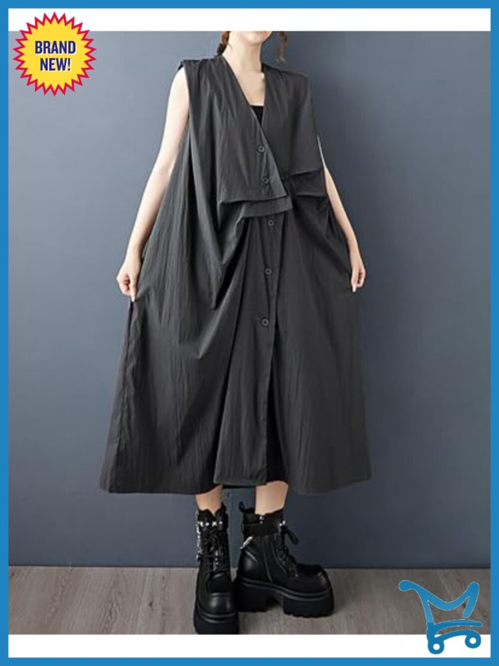 V-Neck Sleeveless Button Down Shift Dress with Side Pockets - Picture 3 of 5